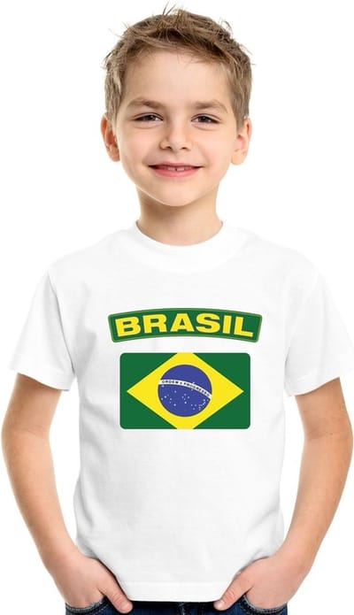 Supporters kleding - t-shirt van vlag Brazilie - wit - voor kinderen - korte mouwen - sport 110/116