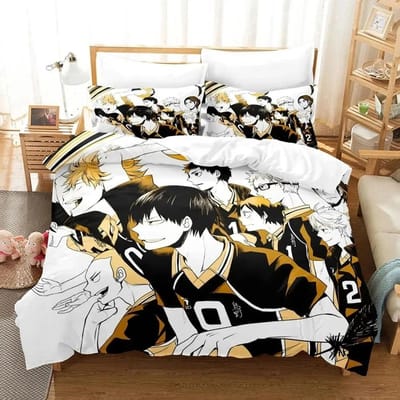 Collection de Linge de Lit Dessin Animé 3D Haikyuu Housse de Couette Imprimée Garçons Volleyball Collection Simple Double Luxe Avec Linge de Lit Pour Enfants Adolescents Cadeau 135X200cm-2pcs