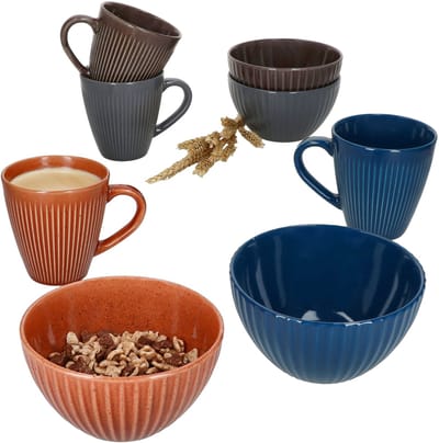 8-delig set AMOR-müslirepen & koffiekopjes in terracotta, blauw, bruin & grijs - 78895 & 78897