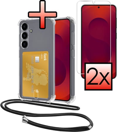 Hoes Geschikt voor Samsung Galaxy S25 Hoesje Pasjeshouder Cover Met Koord Shock Proof Case Siliconen Hoes Met Telefoonkoord en Kaarthouder Met 2x Screenprotector - Transparant