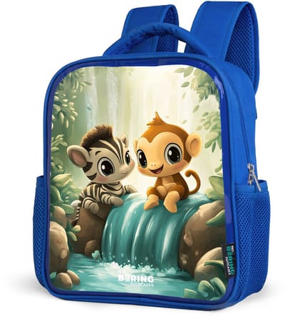 NoBoringSuitcases.com® - Rugzak blauw - Schooltas jongens - Zebra - Aapje - Waterval - Rotsen - Kinder rugtas jongen - Boekentas kind - Kinderrugzak voor school - Schoolrugzak