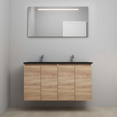 On-Line Badkamermeubelset - 120 cm - Bouwpakket - Greeploze Ladestructuur - Acryl Wastafel - 2 Kraangaten - Spiegel met LED-Verlichting - Eiken