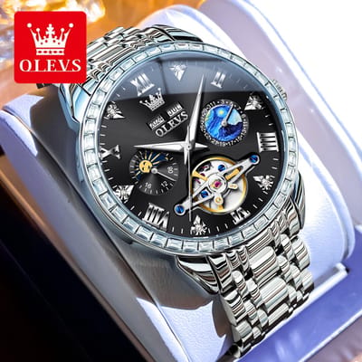 HO-6712.z-zw : OLEVS mechanische edelstaal horloge, zwarte wijzerplaat, maand-dag, seconden, jaar, maand, 24u maanfase - aanduiding