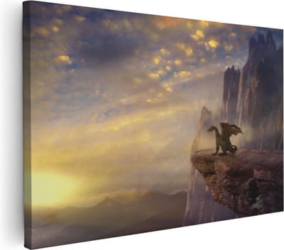 Artaza Canvas Schilderij Draak - 60x40 cm - Wanddecoratie Fantasie - Muurdecoratie Bergen - Schilderijen Op Canvas Zonsondergang