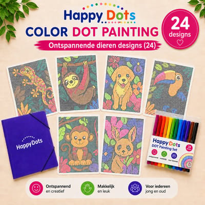 HappyDots Color DOT Painting set Dieren tussen bloemen A4 - 24 designs + stiften set + opbergmap