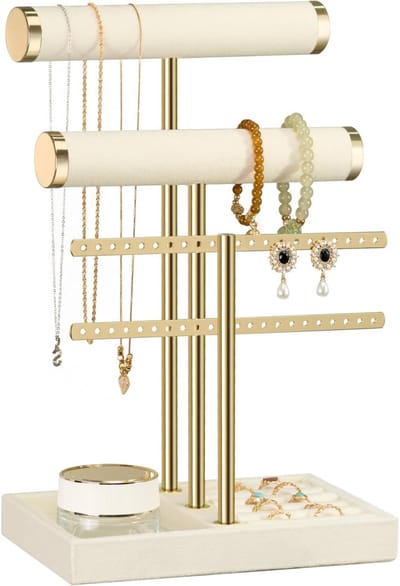 EXCITAT Sieradenorganizer met drie niveaus - Armbandenrek in fluweelbeige - Afneembare T-stang - Sieradenrek - Geschikt voor het opbergen van sieraden - Geschikt voor het opbergen van armbanden, kettingen, horloges, ringen en andere sieraden