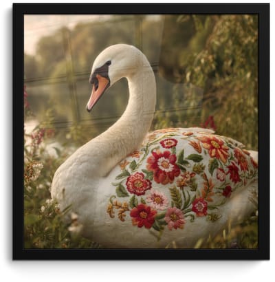 Poster in lijst - Fotolijst 40x40 cm - Posters - Zwaan - Bloemen - Natuur - Posterlijst zwart - Decoratie - Wanddecoratie woonkamer - Muurdecoratie slaapkamer