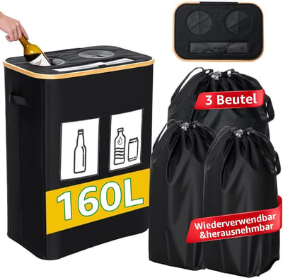 160L Flessenverzamelaar met 2 Vakken – Grote Recycle Tas met Dubbele Siliconen Opening & 3 Binnenvakken – Voor Lege Glasflessen en Afval