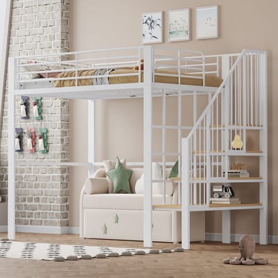 Wishdor Hoogslaper 140x200 cm - Met Trap & Opbergruimte - Creëert Ruimte onder Bed - Strak & Functioneel - Metaal & Hout - Wit