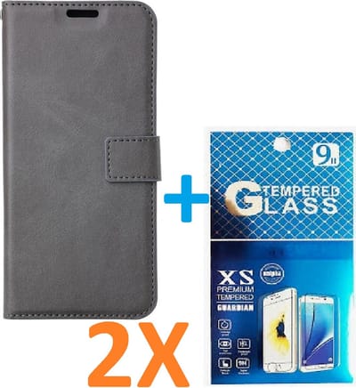 Portemonnee Book Case Hoesje + 2x Screenprotector Glas Geschikt voor: iPhone 13 Pro -  grijs