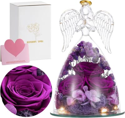 Echte Roos in Glazen Engel Figuren met LED Verlichting, Paarse Roos Cadeau voor Vrouwen, Moeders en Verjaardagen, Perfect voor Valentijn en Moederdag