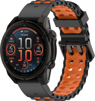 Stravo Siliconen Sportbandje met Wave Design – Quickfit 22mm – geschikt voor Garmin Fenix 8 (Pro-E-47mm) - Fenix 7 & 6 (Solar-Pro) - Fenix 5 (Plus) / Forerunner 970-965-955-945 / Epix Gen 2 -Pro 47mm/Quatix 7- 8 / Fenix 8(Pro/E) – Zwart/oranje