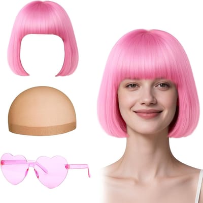 Kleurige Cosplay Peruk met Zonnebril voor Feestjes, Halloween Kostuums en Neon Decoraties (Roze)
