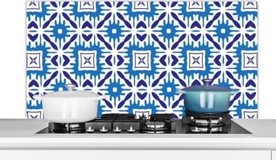 Spatscherm keuken 120x60 cm - Kookplaat achterwand Vector - Blauw - Tegels - Patronen - Muurbeschermer - Spatwand fornuis - Hoogwaardig aluminium
