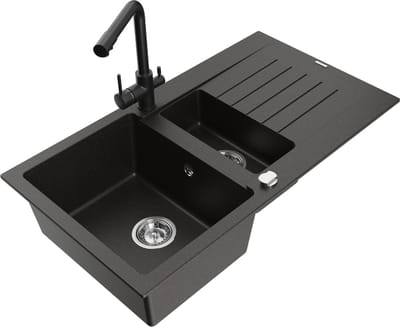 Mexen Matias granieten spoelbak 1,5-vaks met afdruiprek en keukenkraan Duero, zwart/goud metallic - 6502-75-671600-70