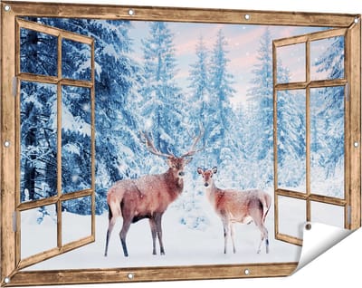 Gards Tuinposter Doorkijk Twee Herten in het Bos met Sneeuw - 120x80 cm - Tuindoek - Tuindecoratie - Wanddecoratie buiten - Tuinschilderij