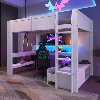 VVBV Gaming Hoogslaper 140x200 cm met Planken, Bureau - LED-Verlichting, Lades - Wit - Zonder Matras