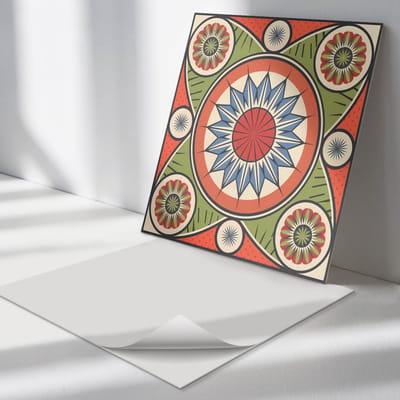 Wallfluent Vinyl Tegels - Symmetrisch Patroon met Bloemen Zelfklevende Vinyl Tegels - 30 cm x 30 cm - Rood Vinyl Tegels - 9 stuks - Vierkant PVC Tegels - Patroon Plaktegels - Vinyl Wandtegels - Plaktegels Keuken en Badkamer