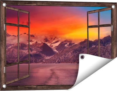 Gards Tuinposter Doorkijk Meer bij de Bergen bij Zonsondergang - 60x40 cm - Tuindoek - Tuindecoratie - Wanddecoratie buiten - Tuinschilderij