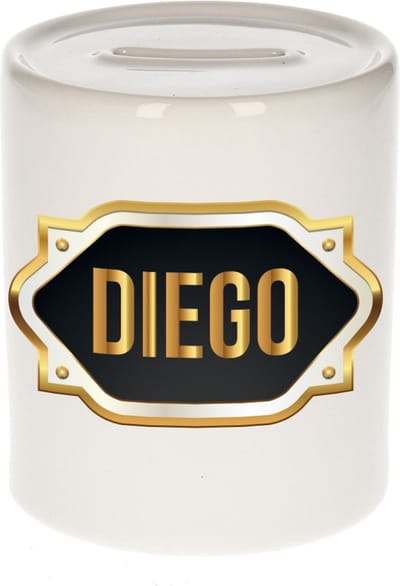 Spaarpot met voornaam Diego - wit - met goud/zwart embleem - 8 x 9 cm - keramiek - met afsluitdop - cadeau verjaardag
