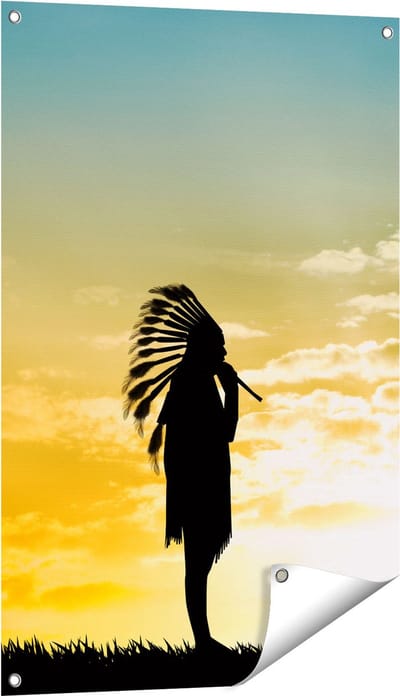 Gards Tuinposter Twee Silhouetten van Indianen bij Zonsondergang - 60x90 cm - Tuindoek - Tuindecoratie - Wanddecoratie buiten - Tuinschilderij