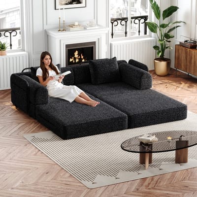 OKWISH Slaapbank 2 Zits Set - Om Te Bouwen Tot Bed Met Armleuning Opbergvak En Stalen Frame - Voor Woonkamer Of Logeerkamer - Chenille - Zwart