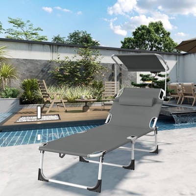 Zonnebank met dak, tuinligstoel opvouwbaar inclusief kussen, handvat en zijzakken, max. belasting 100kg, 194 x 68 cm ligstoel, ideaal voor kamperen, reizen en gezin