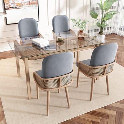 Eetkamerstoel - Velvet En Rotan Design - Set Van 4 Met Armleuningen En Metalen Poten In Houtlook - Voor Eetkamer En Woonkamer - Grijs
