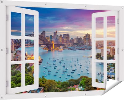 Gards Tuinposter Doorkijk Sydney Harbour Bridge in de Avond - 150x100 cm - Tuindoek - Tuindecoratie - Wanddecoratie buiten - Tuinschilderij