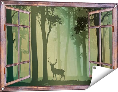 Gards Tuinposter Doorkijk Hert in het Bos - Silhouet - 90x60 cm - Tuindoek - Tuindecoratie - Wanddecoratie buiten - Tuinschilderij