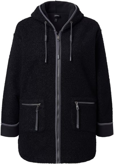 Ulla Popken - Dames - Teddy jas capuchon ritszakken fleece voering - Zwart - Maat 42+
