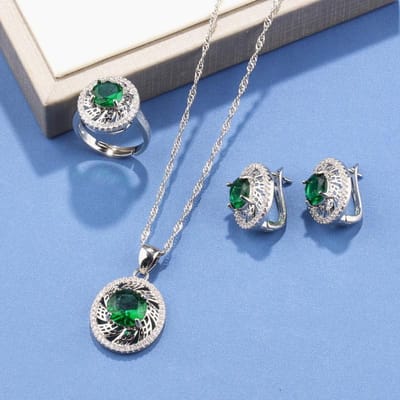 Nouvel Accessoire de Bijoux Tendance Rond Zircon Collier et Boucles d'Oreilles Bague Ensembles de Mariage Fête Noël Cadeau pour Femmes resizable gray