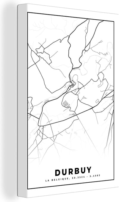 Canvas Schilderij Zwart Wit – België – Plattegrond – Stadskaart – Kaart – Durbuy - 20x30 cm - Wanddecoratie
