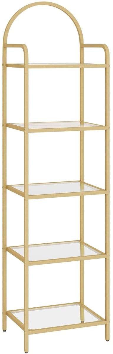 Boekenkast – Voor Slaapkamer, Badkamer & Thuiskantoor – Smalle Boekenkast met Gehard Glazen Planken en Stalen Frame – Goud