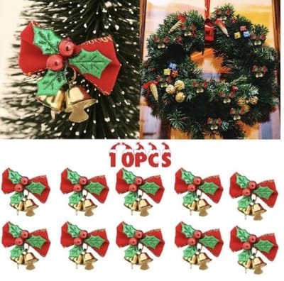 Akyol - kerstversiering - kerst - krans - kerstrikjes voor kerstboom - kerststrikjes - kerst - kerstkrans - krans met een bel - bel - gouden bel - set van 10 stuks - kerstversiering met een gouden bel - kerst decoratie