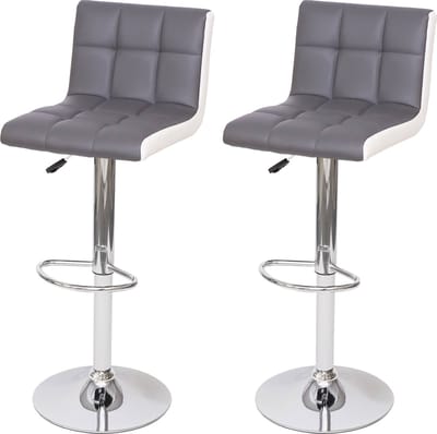 Set van 2 barkrukken MCW-G87, barkruk barstoel, in hoogte verstelbaar ~ kunstleer grijs-wit, voet chroom