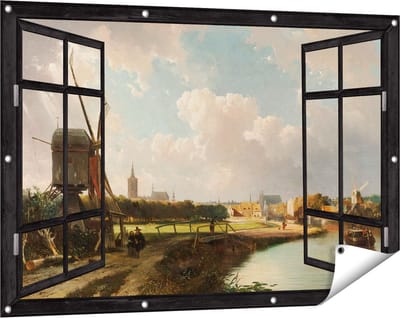 Gards Tuinposter Doorkijk Gezicht op Den Haag vanaf de Delftse Vaart in de Zeventiende Eeuw - Cornelis Springer - 120x80 cm - Tuindoek - Tuindecoratie - Wanddecoratie buiten - Tuinschilderij