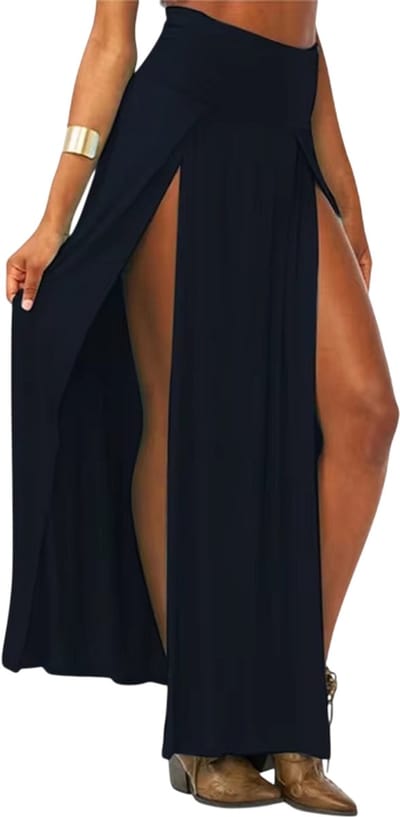 Dames Maxi Rok Hoge Taille met Dubbele Split – Lange Zomerrok Effen Casual Elegant voor Strand, Vakantie en Feest - Zwart