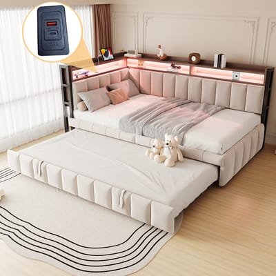 MODFU - Slaapbank - Uitschuifbaar Met Ledverlichting En Opbergvakken - Modern - Voor Woonkamer Of Logeerkamer - Fluweel - Beige - 90 x 200 cm
