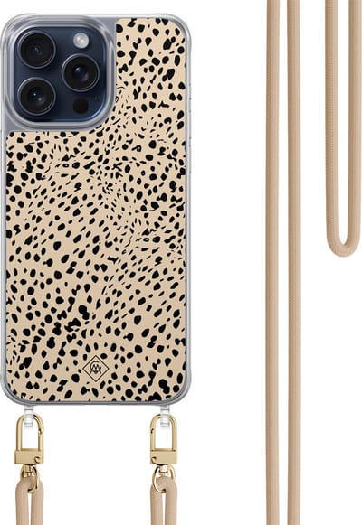 Casimoda® hoesje met beige koord - Geschikt voor iPhone 15 Pro Max - Stippen bruin abstract - Afneembaar koord - TPU/polycarbonaat - Bruin/beige