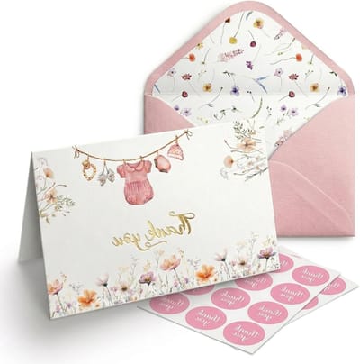 Bedankkaarten Baby Shower - Wenskaarten Roze Blanco Kaarten - Bedankjes Uiten - Compleet met Enveloppen Stickers