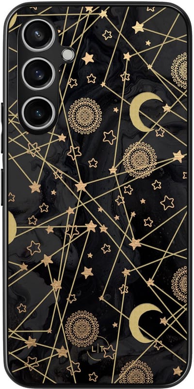 Leuke Telefoonhoesjes - Hoesje geschikt voor Samsung Galaxy S23 FE - Sterren, zon, maan - Backcover zwart - Print / Illustratie - Zwart, Goud