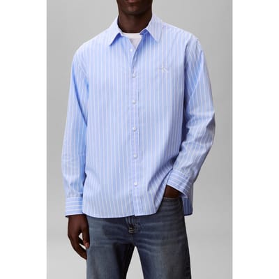 Calvin Klein Long Sleeve Yarn-dyed Stripe Washed Blue Descent Taglia: L | Camicie Casual Outlet | Uomo | Blu