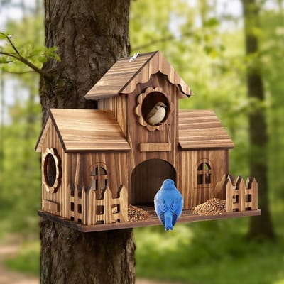 Houten Vogelhuisje met 4 Gaten – Hangend – Dubbele Haken – Voor Tuin en Achtertuin