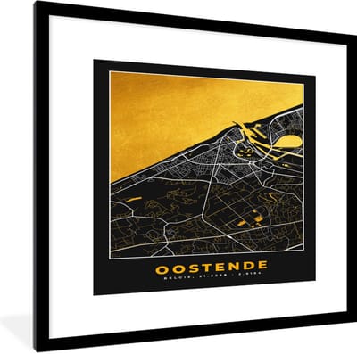 Fotolijst incl. Poster - Stadskaart - Oostende - Plattegrond - Goud - Kaart - 40x40 cm - Posterlijst