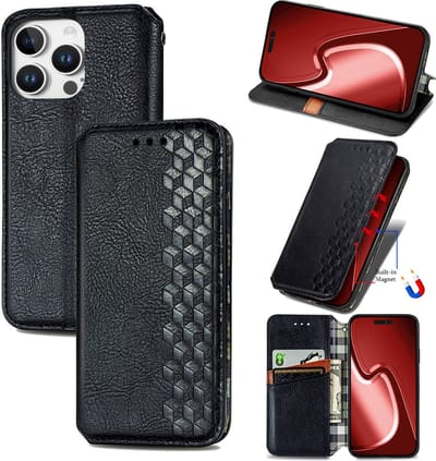 Luxe PU Lederen Ruitpatroon Wallet Case + Screenprotector voor iPhone 16 Pro_ Zwart