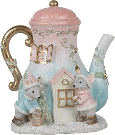 Clayre & Eef Decoratie Huis met LED Theepot 15x12x16 cm Blauw Roze Polyresin Muis