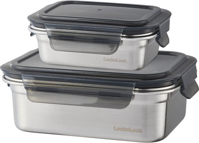 Lock&Lock RVS Lunchbox en Snackdoosje - RVS Broodtrommel - Snackbox - Vershoudbakjes - Bewaarbakjes - Bewaardoos met deksel - Luchtdicht - Lekvrij - Stapelbaar - BPA vrij - PFAS vrij - Duurzaam - Volwassenen en Kinderen - Set 2 stuks - LocknLock