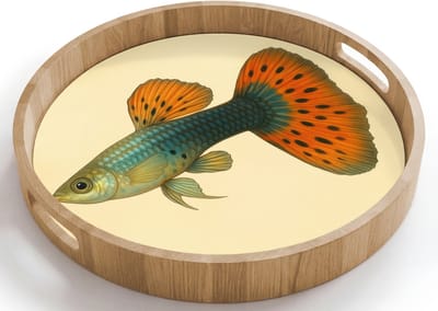 Dienblad rond 40x40 cm - Schootdienblad hout - Vis - illustratie - Stippen - Oranje - Borrelplank rechthoek - Plateau houten dienbladen