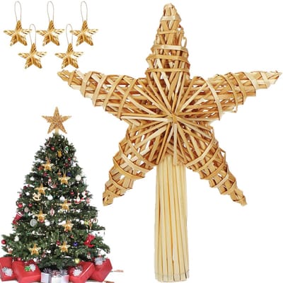 Dailygoods - Dailygoody - Kerstboompiek - Ster - Natuurlijk stro - 20 x 30,5 cm - Kerstboomversiering - Unieke decoratie voor kerstboom en cadeau